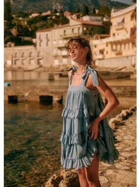 Sezane Oriane Cotton Tiered Eyelet Sky Blue Dress Size 4